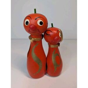 Anthropomorphic Salt Pepper Shakers Orange Wood Magnetic Vintage 1950-60s Japan